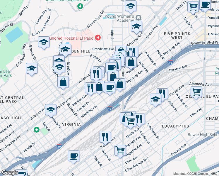 map of restaurants, bars, coffee shops, grocery stores, and more near in El Paso