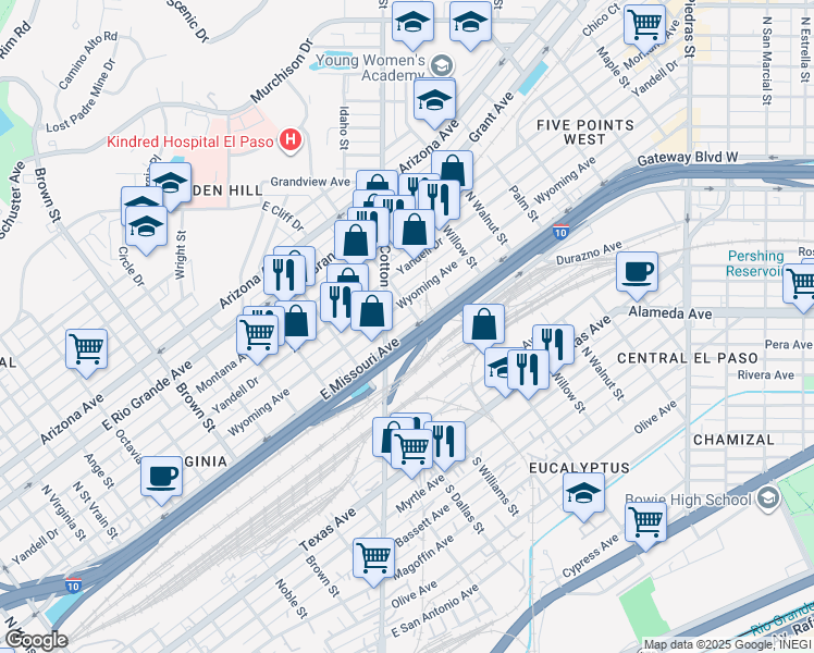 map of restaurants, bars, coffee shops, grocery stores, and more near 600 North Cotton Street in El Paso