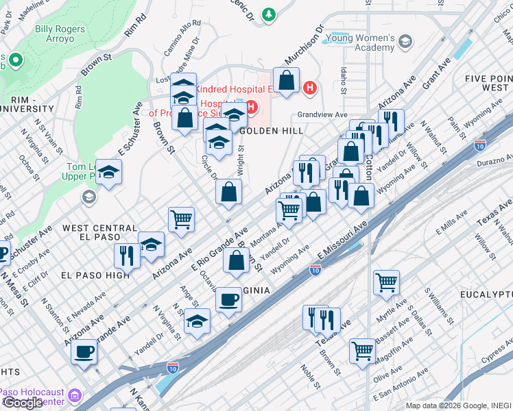 map of restaurants, bars, coffee shops, grocery stores, and more near 1408 Arizona Avenue in El Paso