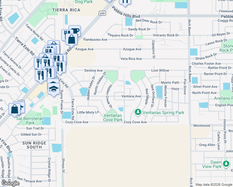 map of restaurants, bars, coffee shops, grocery stores, and more near 12972 Immanuel Vista Drive in El Paso