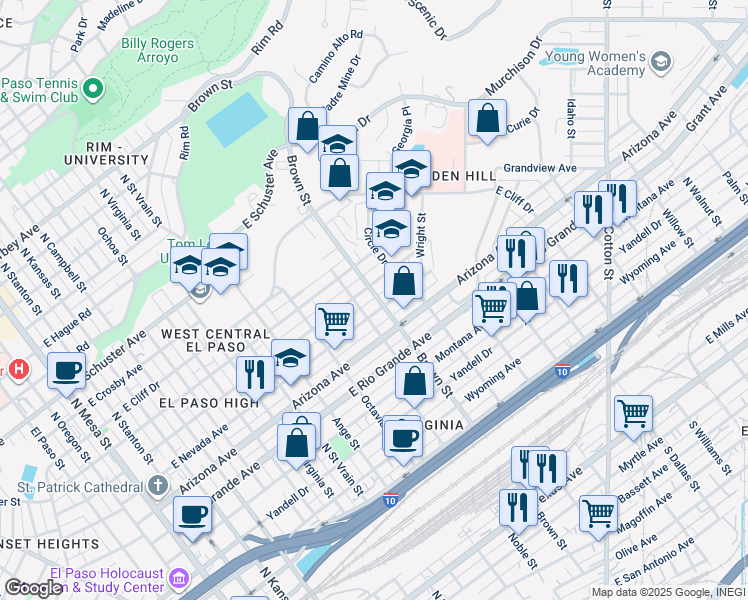 map of restaurants, bars, coffee shops, grocery stores, and more near 1207 Brown Street in El Paso