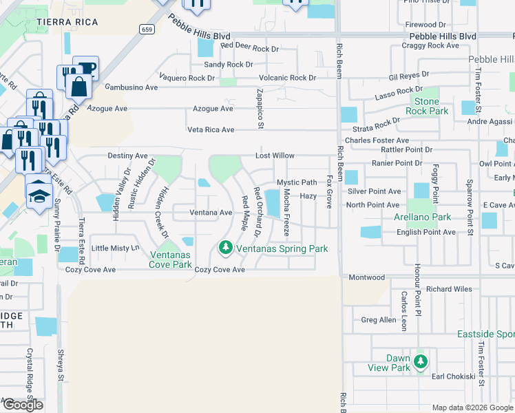 map of restaurants, bars, coffee shops, grocery stores, and more near 3159 Red Orchard Drive in El Paso