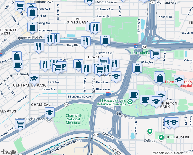 map of restaurants, bars, coffee shops, grocery stores, and more near 3604 Alameda Avenue in El Paso