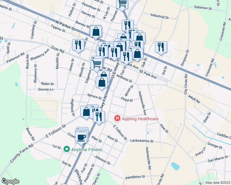 map of restaurants, bars, coffee shops, grocery stores, and more near 288 Fair Street in Baxley