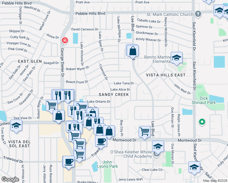 map of restaurants, bars, coffee shops, grocery stores, and more near 11412 Lake Alice Drive in El Paso