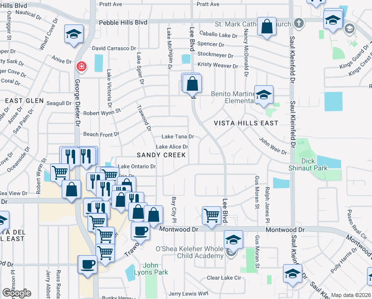 map of restaurants, bars, coffee shops, grocery stores, and more near 11440 Lake Alice Drive in El Paso