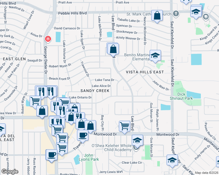 map of restaurants, bars, coffee shops, grocery stores, and more near 11440 Lake Alice Drive in El Paso