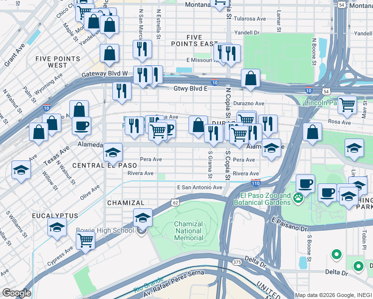 map of restaurants, bars, coffee shops, grocery stores, and more near 3306 Alameda Avenue in El Paso