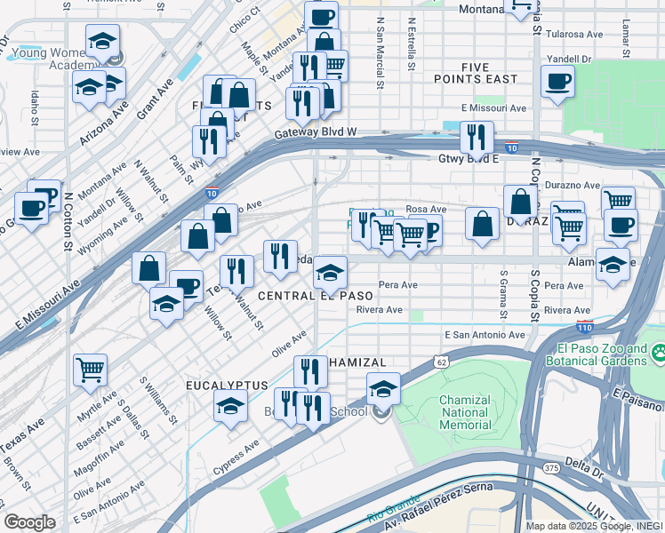map of restaurants, bars, coffee shops, grocery stores, and more near 2908 Alameda Avenue in El Paso