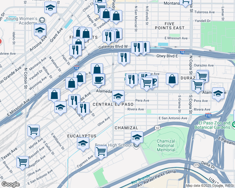 map of restaurants, bars, coffee shops, grocery stores, and more near 2908 Alameda Avenue in El Paso