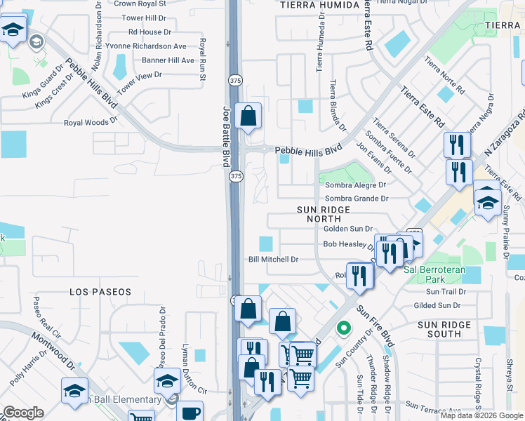 map of restaurants, bars, coffee shops, grocery stores, and more near 12217 Red Sun Drive in El Paso