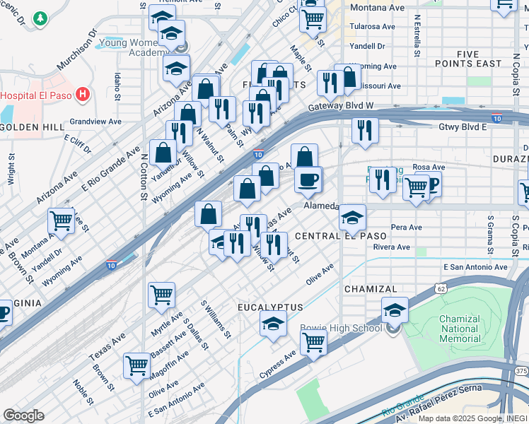 map of restaurants, bars, coffee shops, grocery stores, and more near 216 North Walnut Street in El Paso