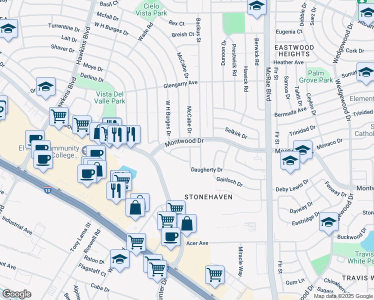 map of restaurants, bars, coffee shops, grocery stores, and more near 9421 Turrentine Drive in El Paso