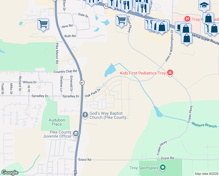 map of restaurants, bars, coffee shops, grocery stores, and more near 207 Oak Park Drive in Troy