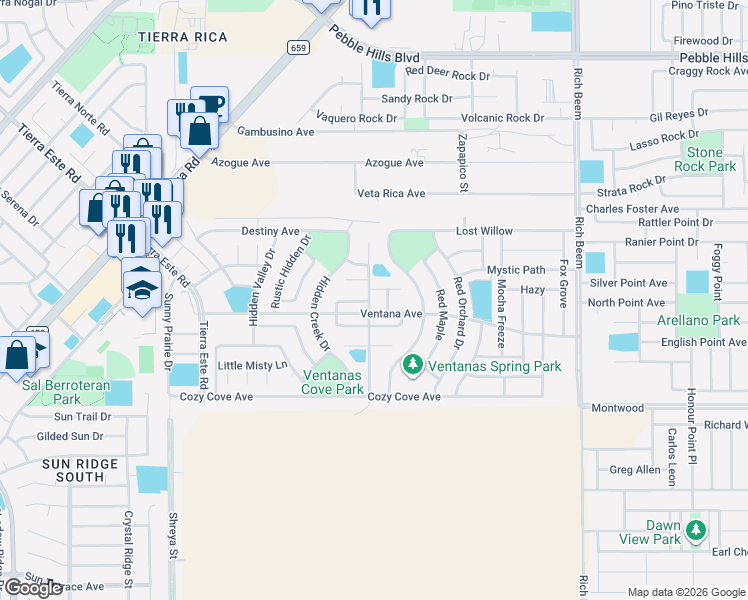 map of restaurants, bars, coffee shops, grocery stores, and more near 3145 Green Harvest Drive in El Paso