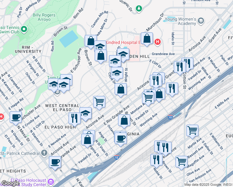 map of restaurants, bars, coffee shops, grocery stores, and more near 1207 Brown Street in El Paso