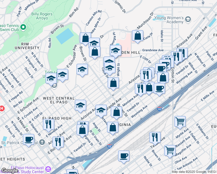 map of restaurants, bars, coffee shops, grocery stores, and more near 1207 Brown Street in El Paso