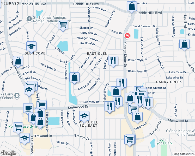 map of restaurants, bars, coffee shops, grocery stores, and more near 2101 Oceanside Drive in El Paso