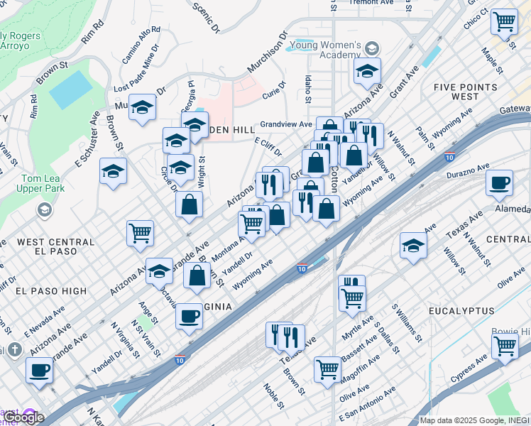 map of restaurants, bars, coffee shops, grocery stores, and more near 1601 Montana Avenue in El Paso