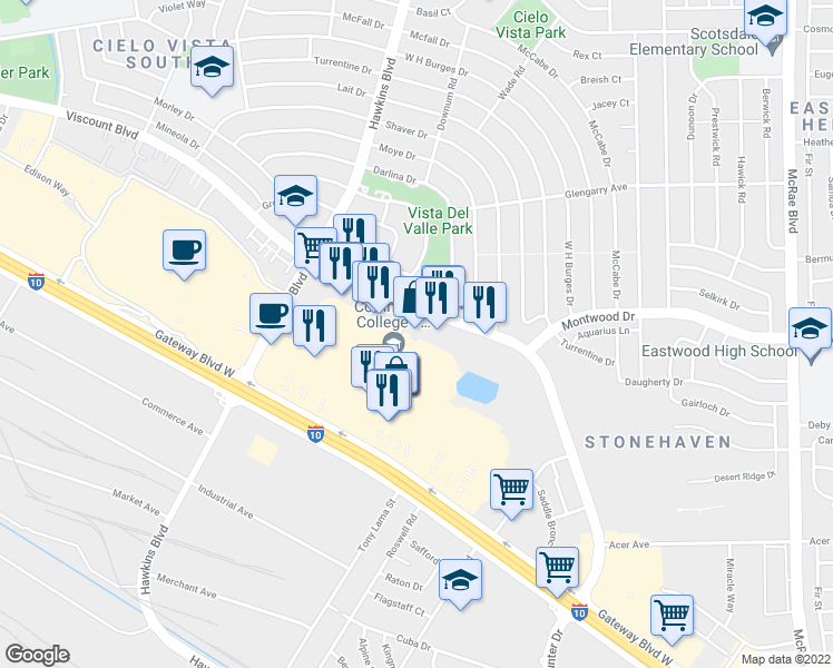 map of restaurants, bars, coffee shops, grocery stores, and more near 9010 Viscount Boulevard in El Paso