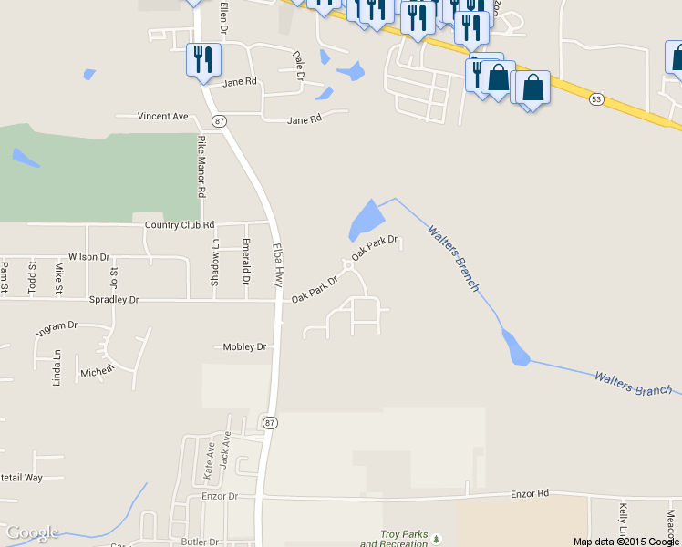 map of restaurants, bars, coffee shops, grocery stores, and more near Oak Park Drive in Troy