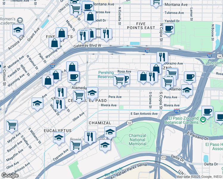 map of restaurants, bars, coffee shops, grocery stores, and more near 3110 Alameda Avenue in El Paso