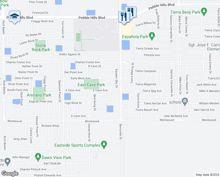 map of restaurants, bars, coffee shops, grocery stores, and more near 14381 East Cave Avenue in El Paso