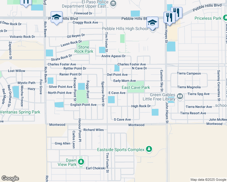 map of restaurants, bars, coffee shops, grocery stores, and more near 14308 East Cave Avenue in El Paso