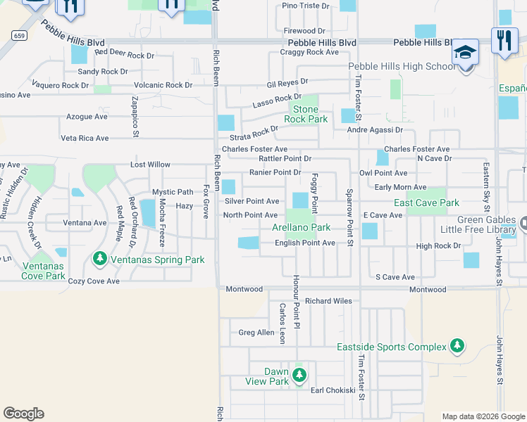 map of restaurants, bars, coffee shops, grocery stores, and more near 14206 North Point Avenue in El Paso
