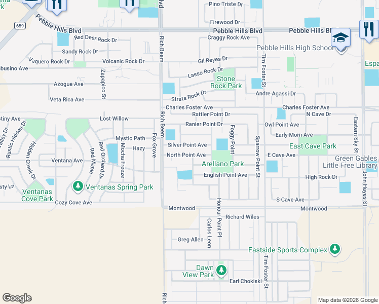 map of restaurants, bars, coffee shops, grocery stores, and more near 14206 North Point Avenue in El Paso