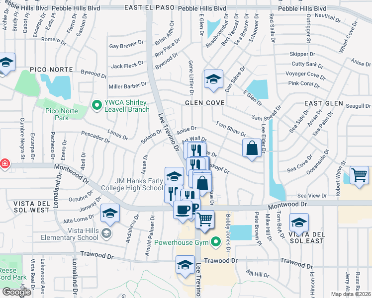 map of restaurants, bars, coffee shops, grocery stores, and more near 10900 Bob Stone Drive in El Paso