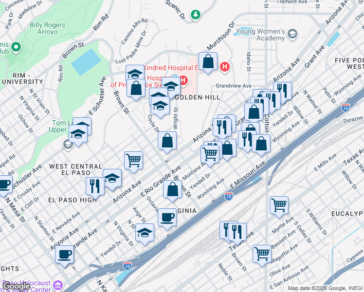 map of restaurants, bars, coffee shops, grocery stores, and more near 1408 Arizona Avenue in El Paso