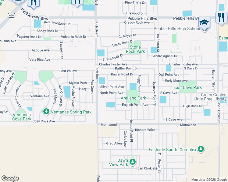 map of restaurants, bars, coffee shops, grocery stores, and more near 14206 North Point Avenue in El Paso