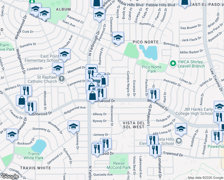 map of restaurants, bars, coffee shops, grocery stores, and more near 10501 Montwood Drive in El Paso