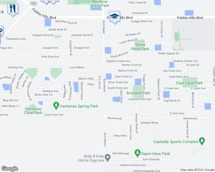 map of restaurants, bars, coffee shops, grocery stores, and more near 14183 North Point Avenue in El Paso