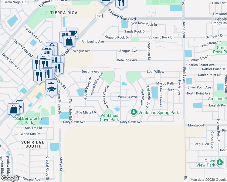 map of restaurants, bars, coffee shops, grocery stores, and more near 12972 Immanuel Vista Drive in El Paso