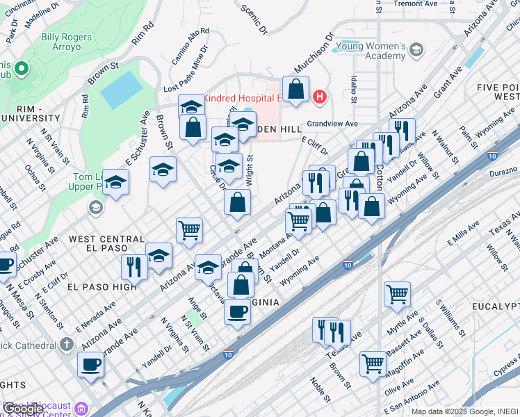 map of restaurants, bars, coffee shops, grocery stores, and more near 1408 Arizona Avenue in El Paso