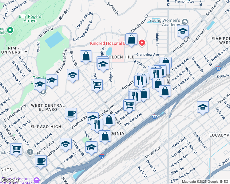 map of restaurants, bars, coffee shops, grocery stores, and more near 1408 Arizona Avenue in El Paso