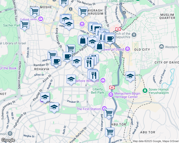 map of restaurants, bars, coffee shops, grocery stores, and more near 4 George Washington Street in Jerusalem