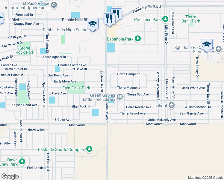 map of restaurants, bars, coffee shops, grocery stores, and more near 2405 Cesar Cordova Place in El Paso