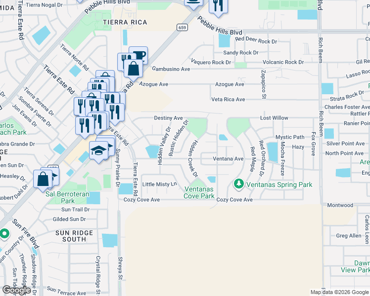 map of restaurants, bars, coffee shops, grocery stores, and more near 3148 Hidden Creek Drive in El Paso