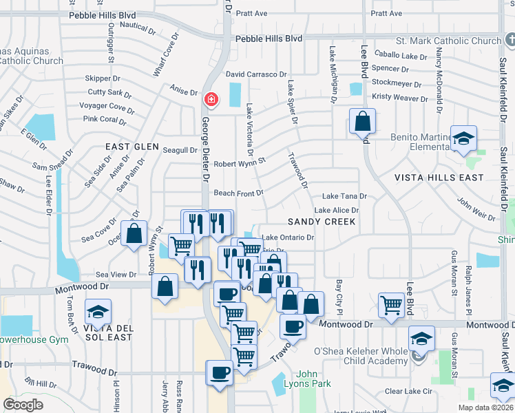 map of restaurants, bars, coffee shops, grocery stores, and more near 11312 Lake Nemi Drive in El Paso