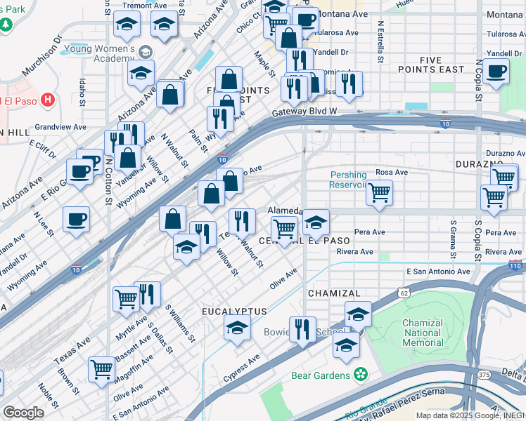 map of restaurants, bars, coffee shops, grocery stores, and more near 2309 Myrtle Avenue in El Paso