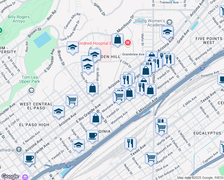 map of restaurants, bars, coffee shops, grocery stores, and more near 1508 East Rio Grande Avenue in El Paso