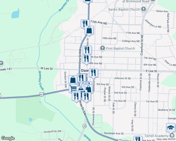 map of restaurants, bars, coffee shops, grocery stores, and more near  in Dawson