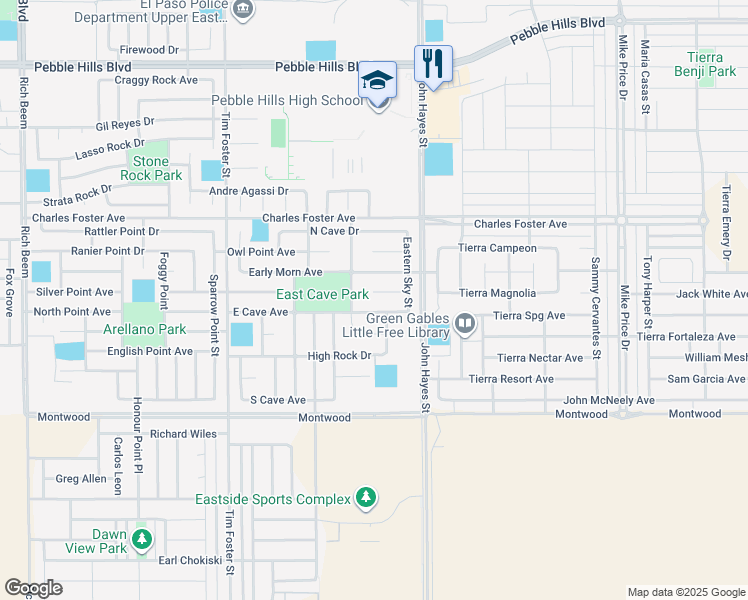 map of restaurants, bars, coffee shops, grocery stores, and more near 2344 Sun Seeker in El Paso