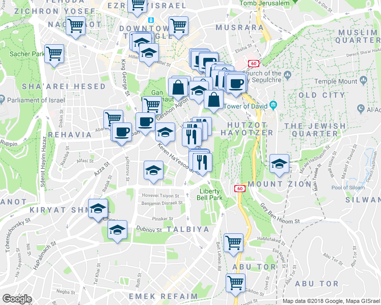 map of restaurants, bars, coffee shops, grocery stores, and more near 4 George Washington Street in Jerusalem