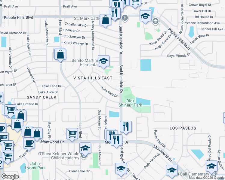 map of restaurants, bars, coffee shops, grocery stores, and more near 11693 John Weir Drive in El Paso