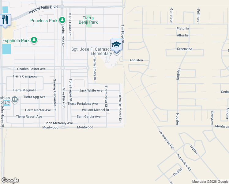 map of restaurants, bars, coffee shops, grocery stores, and more near Tim Floyd Street in El Paso