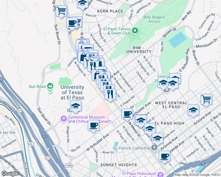 map of restaurants, bars, coffee shops, grocery stores, and more near 2021 North Stanton Street in El Paso